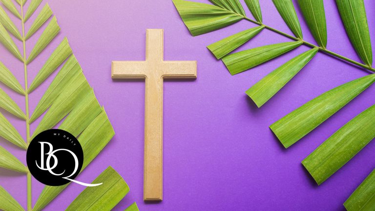 Bible verses for Easter - Cross and palm leaves on a purple background inspiring reflection on Lent