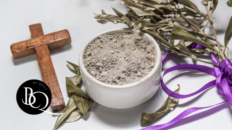 What is Lent - Cross next to ashes in a bowl and olive branches symbolizing Ash Wednesday