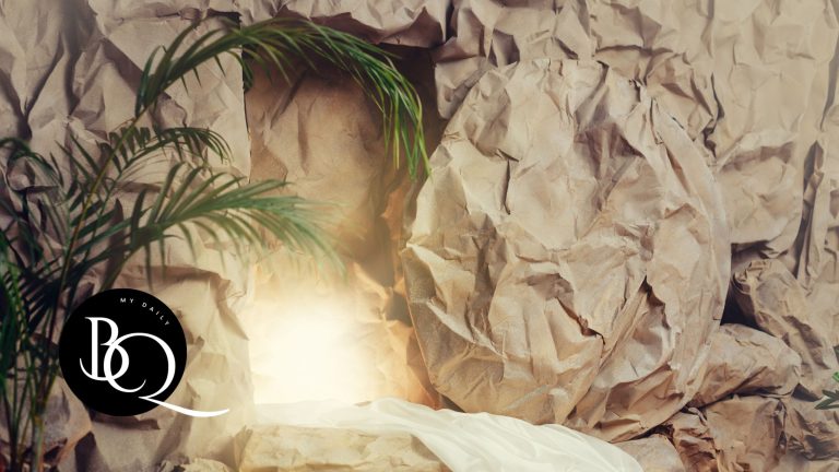 Easter Bible Verses - Empty tomb with palm branch and light shining in the background