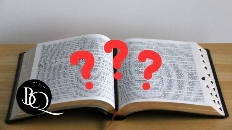 Graphic of a question mark overlaid on an open Bible background
