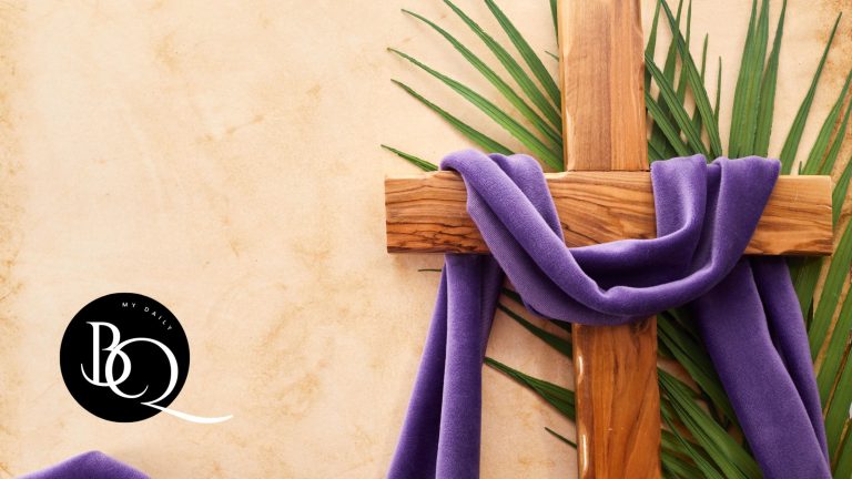 Lent Ideas for Families - Palm leaves with a cross and purple sash draping cross