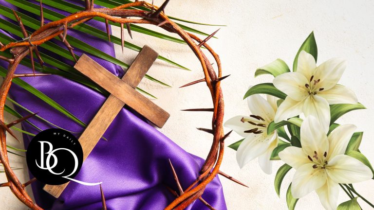 Easter Colors Meaning - Purple draped cross with thorn crown, white Lillies and palm leaf