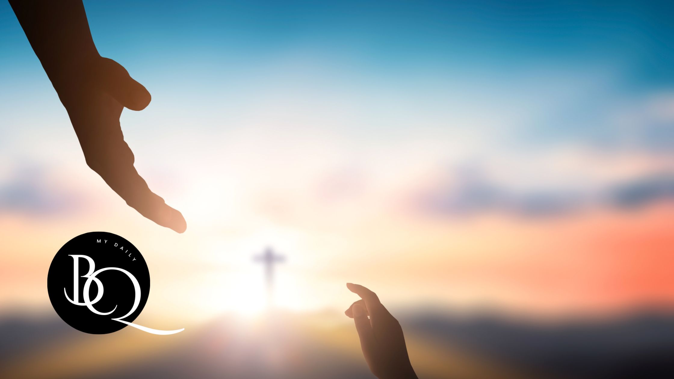 Sunrise over a cross with hands symbolizing Bible quotes on God’s love